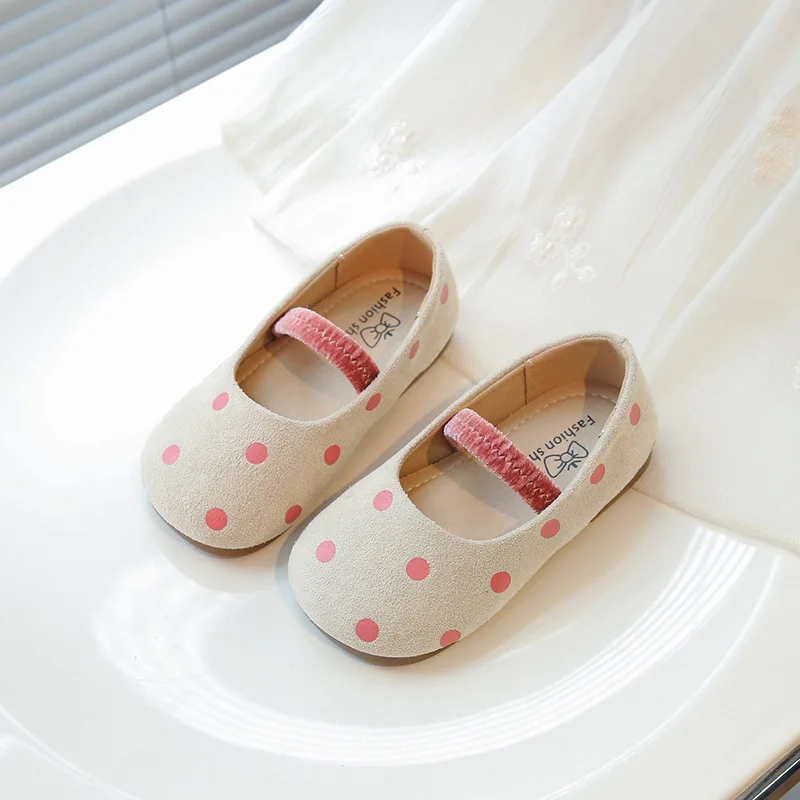 Children's Flat Shoes Girls Soft bottom Wave point Princess Shoes Pink Beige 2-7years Old Kids Single Shoes Chaussure Fille