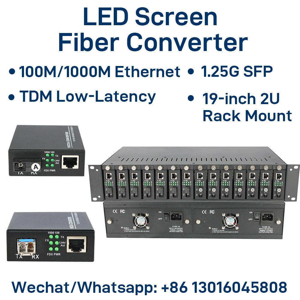 

LED Display Fiber Media Converter, 1-Port 100M/1000M Ethernet, 1.25G Fiber, TDM Transmission, Long Distance, Rack Mount