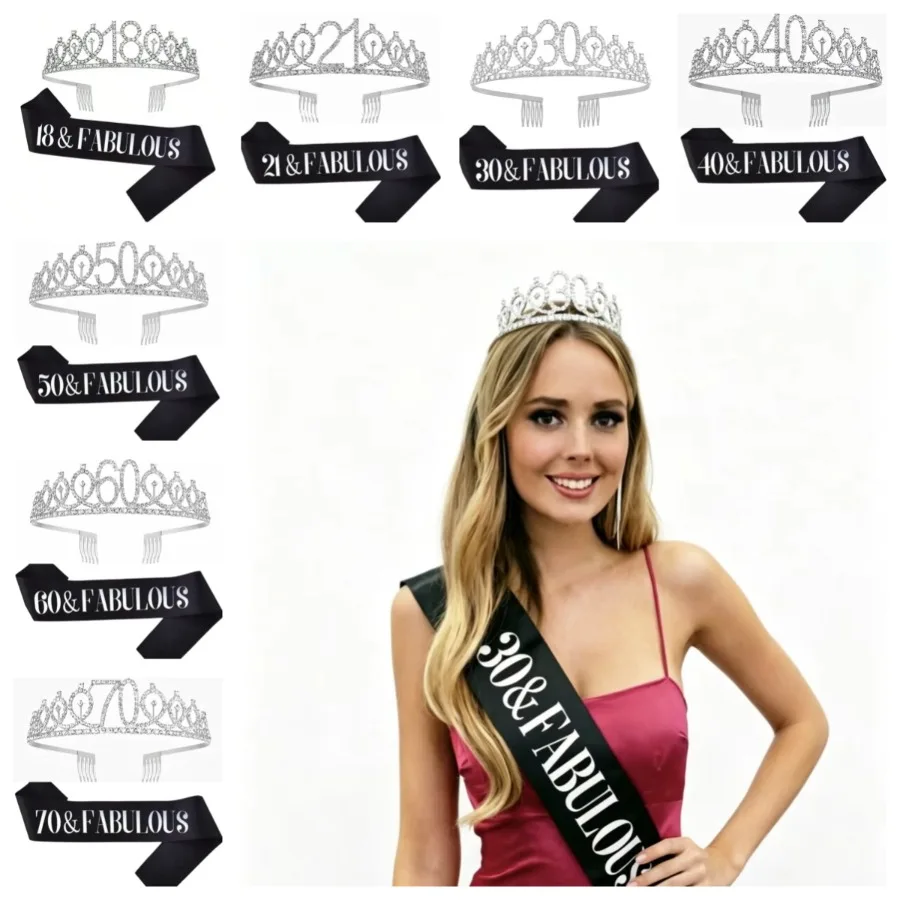 Glitter Silvery Birthday Tiara Crown Sash Women Girls 18th 21St 30Th 40Th 50Th 60Th 70th Birthday Party Prom Gifts