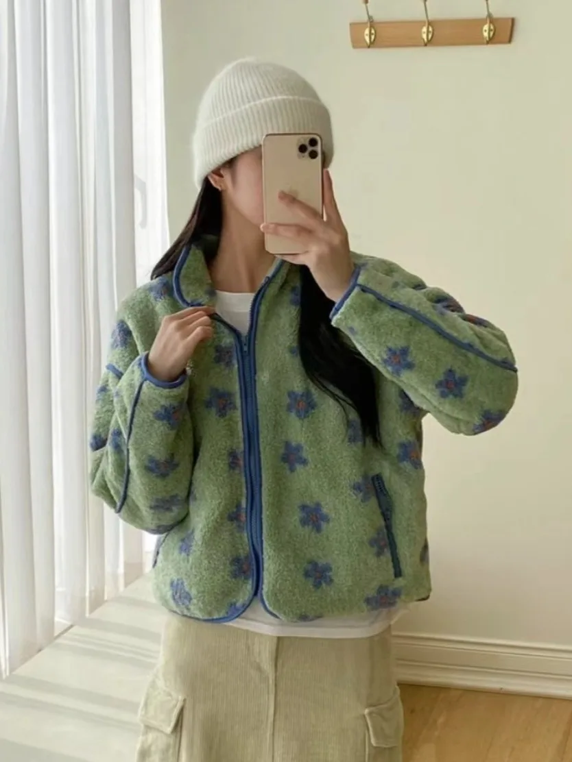 세련된 빈티지 겨울 따뜻한 플로럴 프린트 퍼리 지퍼 코튼 재킷 롱 슬리브 루즈 아우터웨어 20대 여성용
