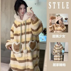 Girls Cute Cartoon Coral Velvet Hooded Long Robe Nightgown Female Winter Thickened Warm Plush Kawaii Home Sleepwear Bathrobe New