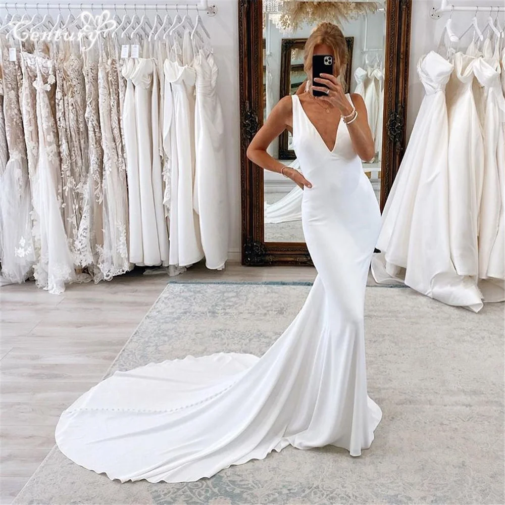 Eenvoudige trouwjurk zeemeermin backless diepe v-hals kralen crêpe casual bruid jurken vestido de novia boda 2025, aangepast