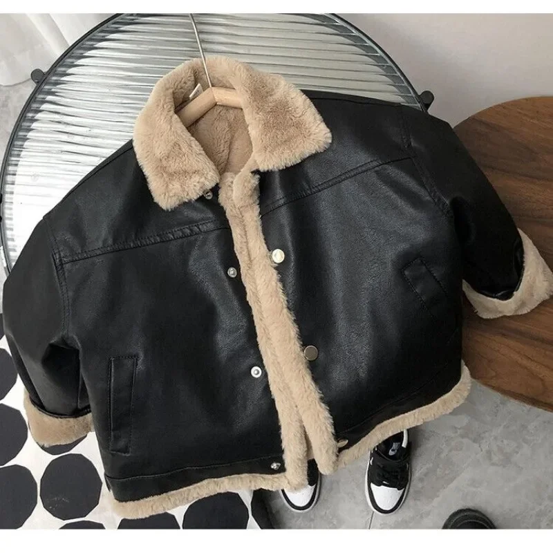 2-11Y Kids Leather Jackets Boys Girls Black Fleece Cardigan Coat Autumn Winter Warm Loose Vintage Clothes Teenagers Outerwear