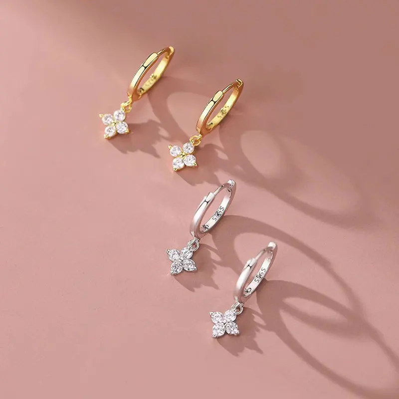 Korean Fashion Gold Color Four-leaf Zircon Drop Dangle Earrings for Women Charm Steel Hoop Earring Jewelry Bride Accessories