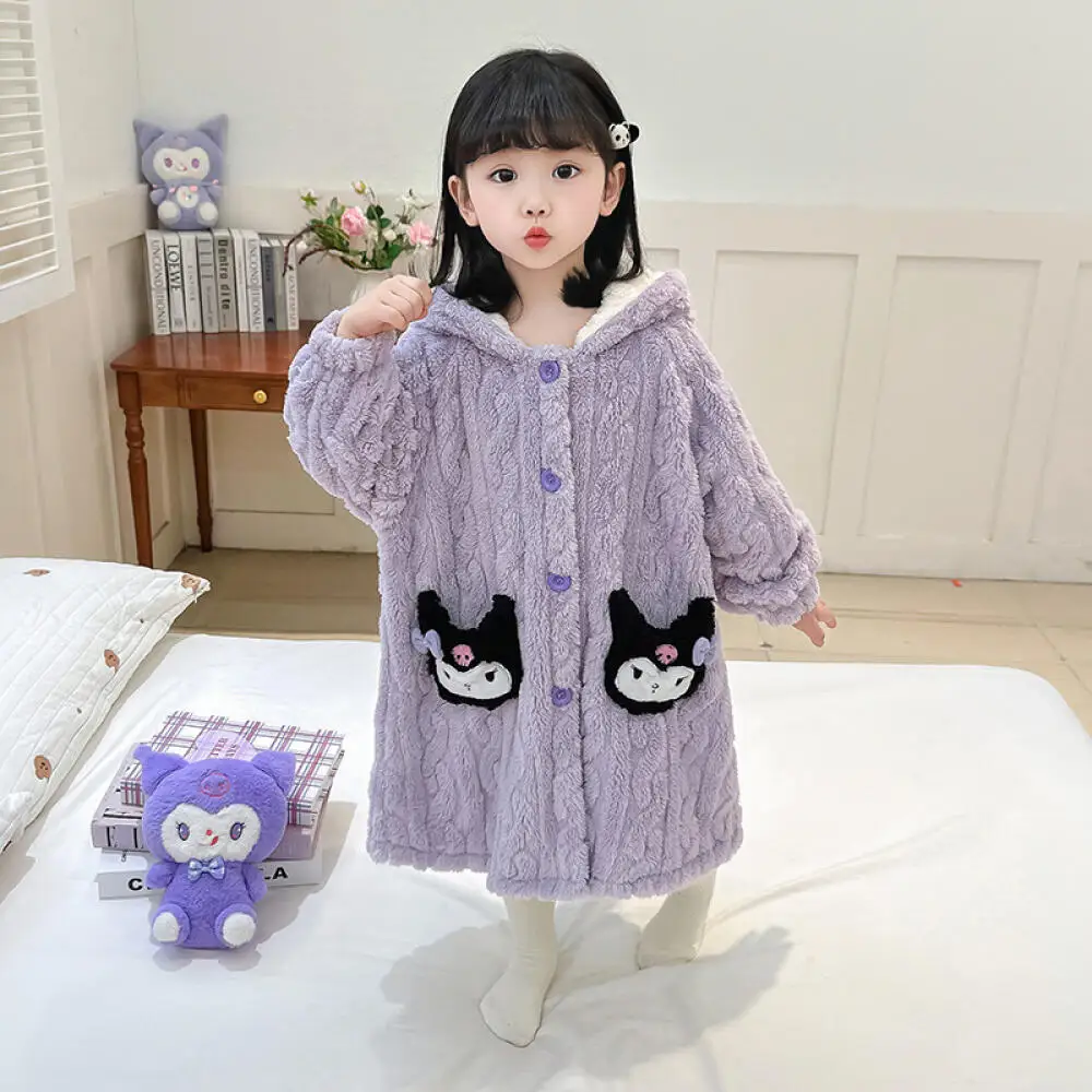 

Пижамы Sanrio для девочек Kuromi, осенне-зимнее теплое утепленное пальто с капюшоном для маленьких девочек, домашняя одежда с героями мультфильмов, милая детская одежда