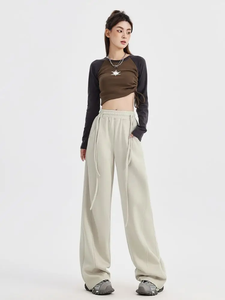 Wide Leg Pants Women Solid Pockets Drawstring High Elastic Waist Loose Korean Style All-match Fashion Chic Slim Students Leisure