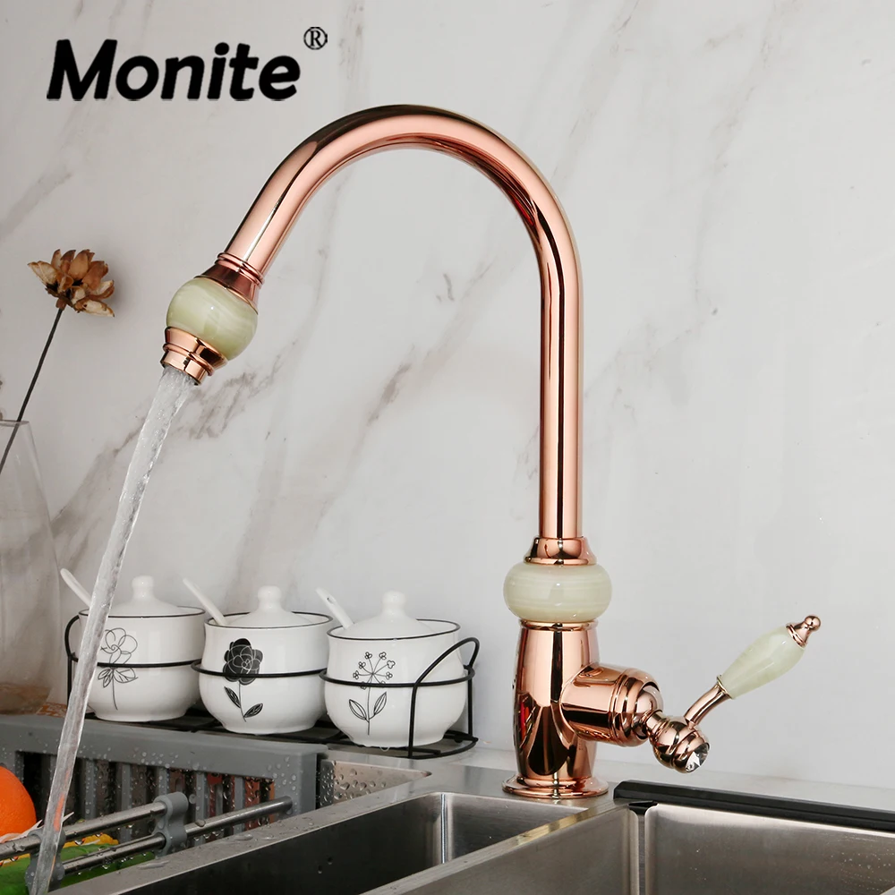 

Monite Golden Plated Swivel Pull Out Kitchen Faucet Jade & Diamond Handle Tap Rose Golden Brass Rotated Kitchen Basin Mixer Tap