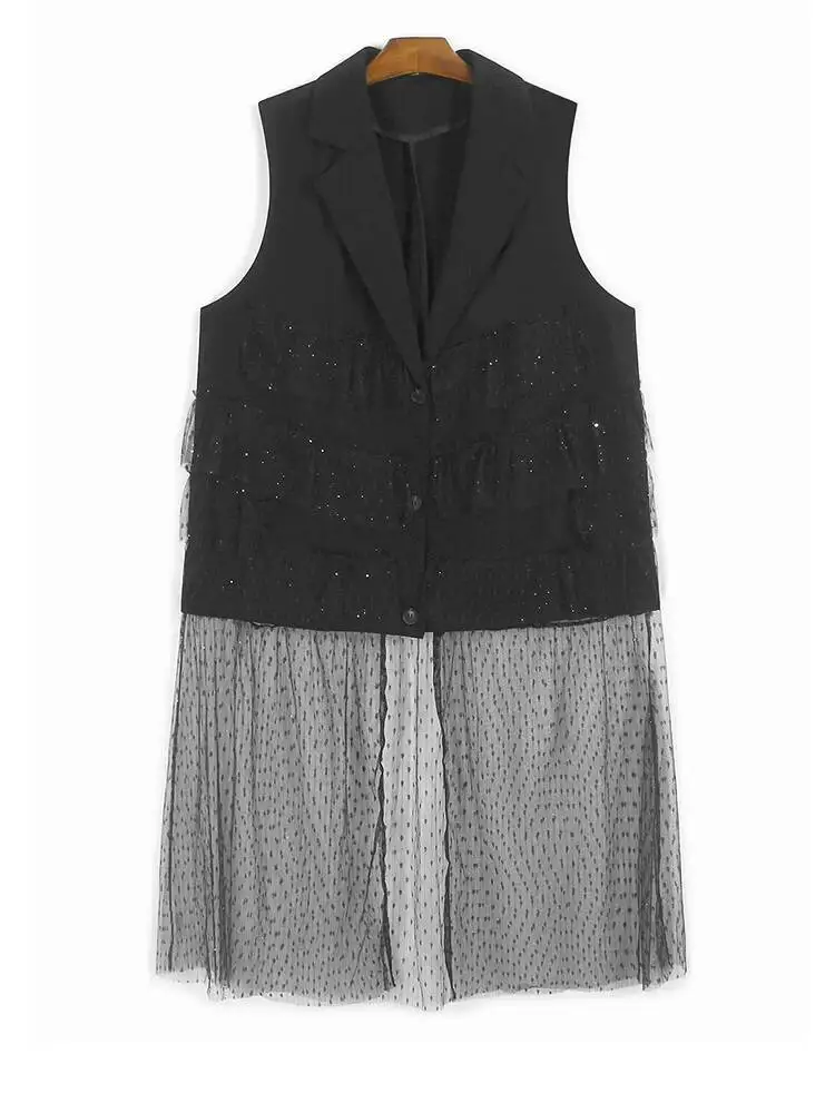 

Женский черный сетчатый жилет с оборками, длинный жилет большого размера, новый модный жилет без рукавов с лацканами, весна-осень