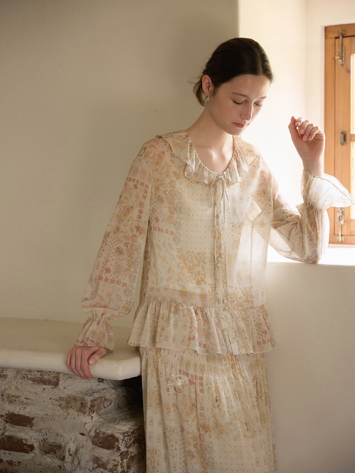 

Romantic Elegant Nice People2025AW Coconut Flower Lace Collar Shirt Lightweight Skirt Set Women's Loose Fit Long Sleeve Shirt