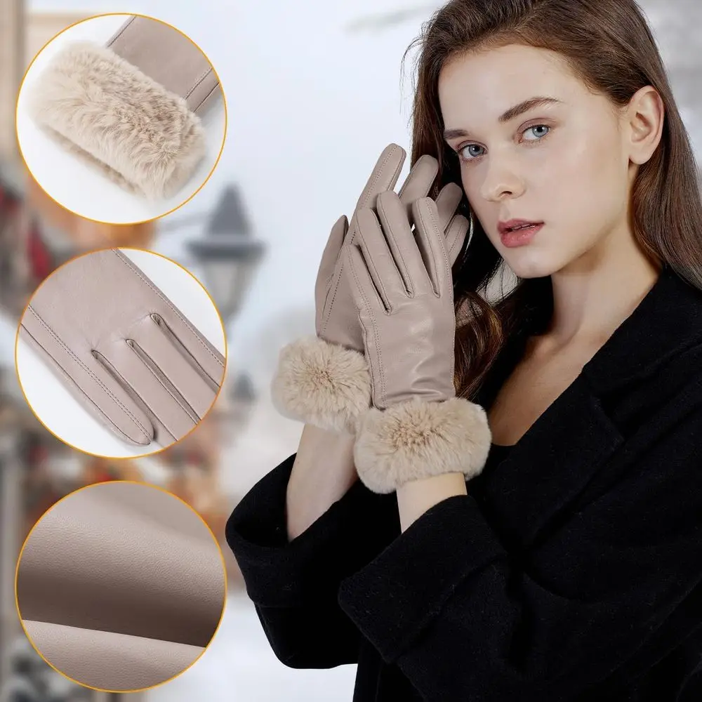 Women's Rabbit Fur Cuff Leather Gloves with Touchscreen for Warm Winter Driving in Multicolor