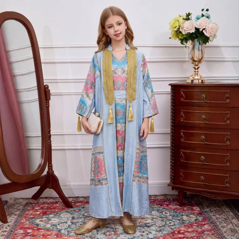 

Children Abaya Suit Eid Girls Dress Cardigan Robe Party Dresses 2 Piece Set Tassel Jalabiya Vestidos Muslim Kids Dubai Kaftan