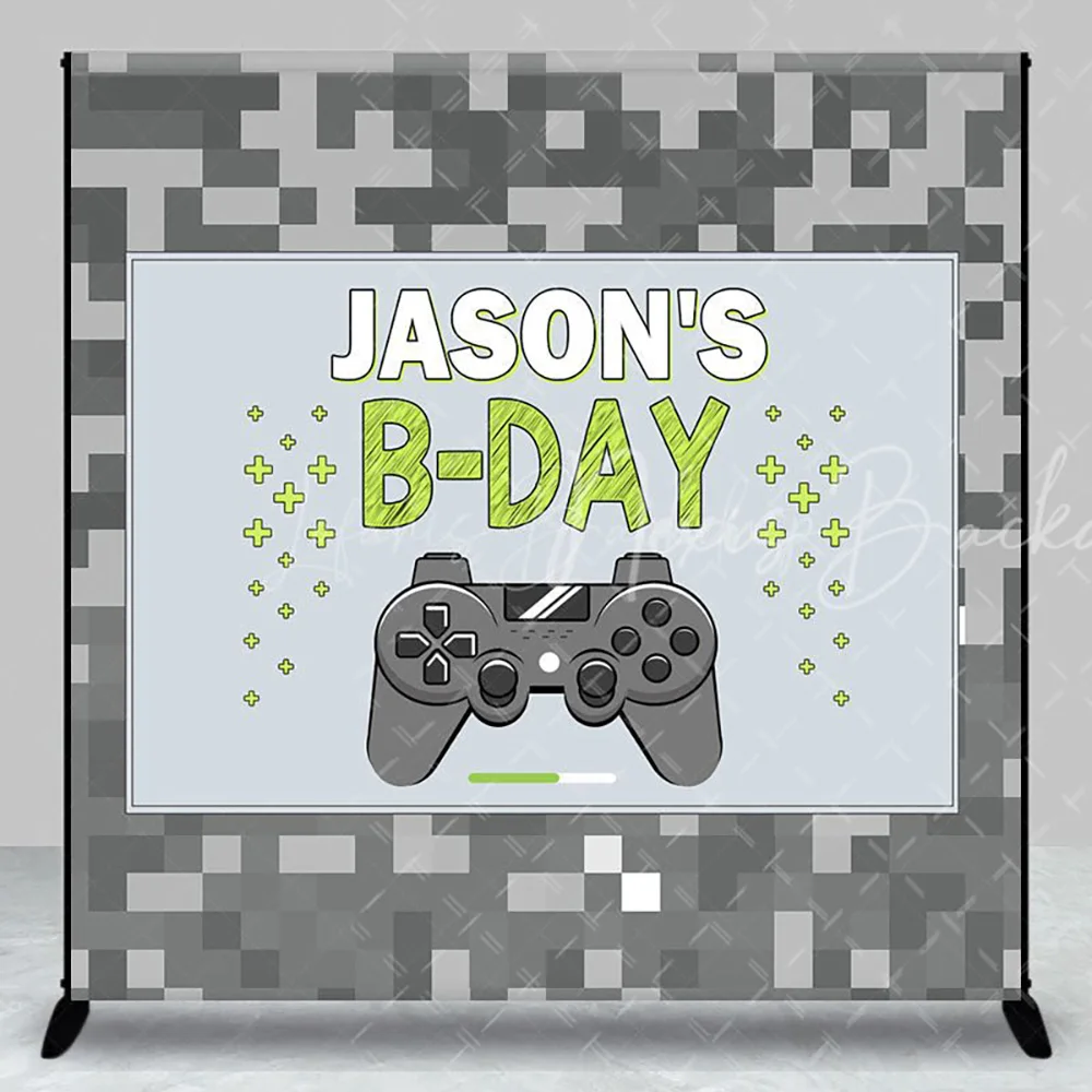 

Серый пиксельный фон для ночи с индивидуальным именем на день рождения для мальчика, фон для фотосъемки видеоигр, реквизит для фотобудки