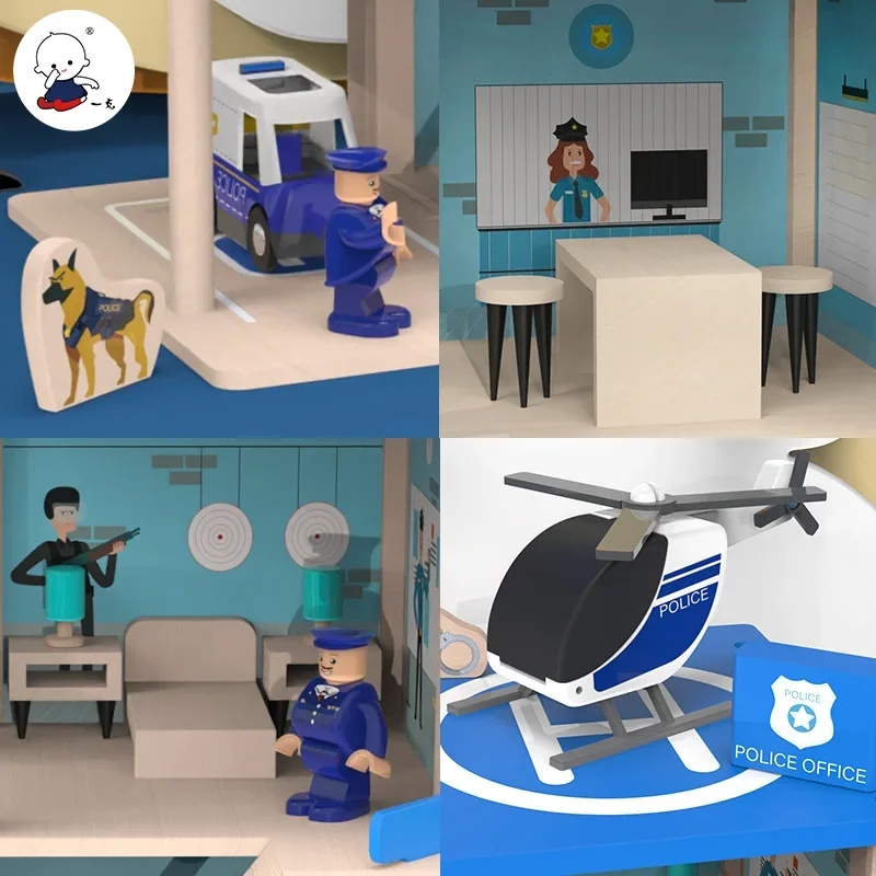 مكتب الشرطة الخشبي محطة الإطفاء للأولاد لتقوم بها بنفسك لعب الأدوار سيارة شاحنة إطفاء البناء اللبنات تجميعها منزل ألعاب أطفال