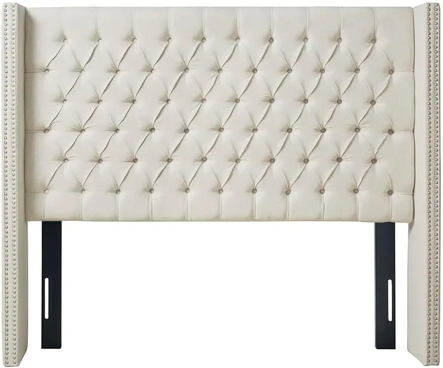 Park Amelia Upholstered Headboard | Nail Head Trim Wingback Button Tufted | Queen, Cream