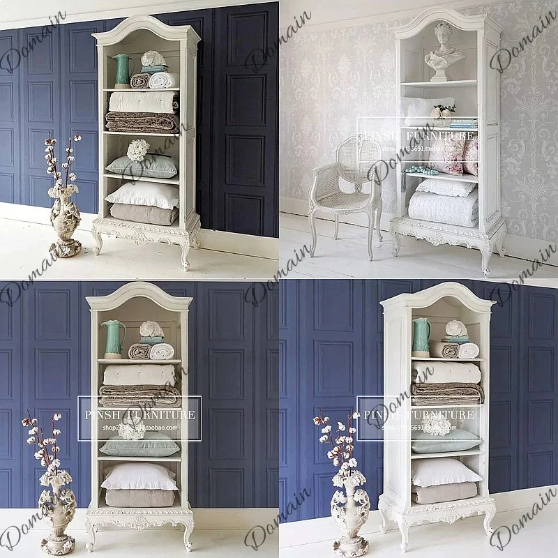 American Country Rustic Solid Wood Wardrobe with French Carved Details, Storage and Bookshelf