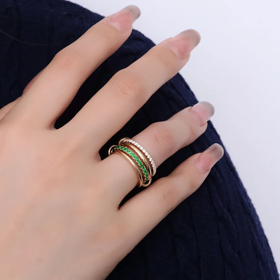 

Provence 18K Solid Gold Spinner Band Ring With Round Green Blue Moissanite Diamonds For Women Connection Stacking Link Gift
