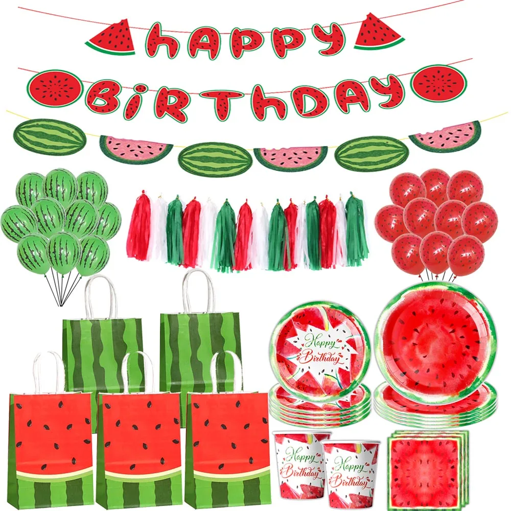 Decorazioni per feste di compleanno di anguria Banner di compleanno borse con manico in carta palloncino in lattice stoviglie usa e getta piatti