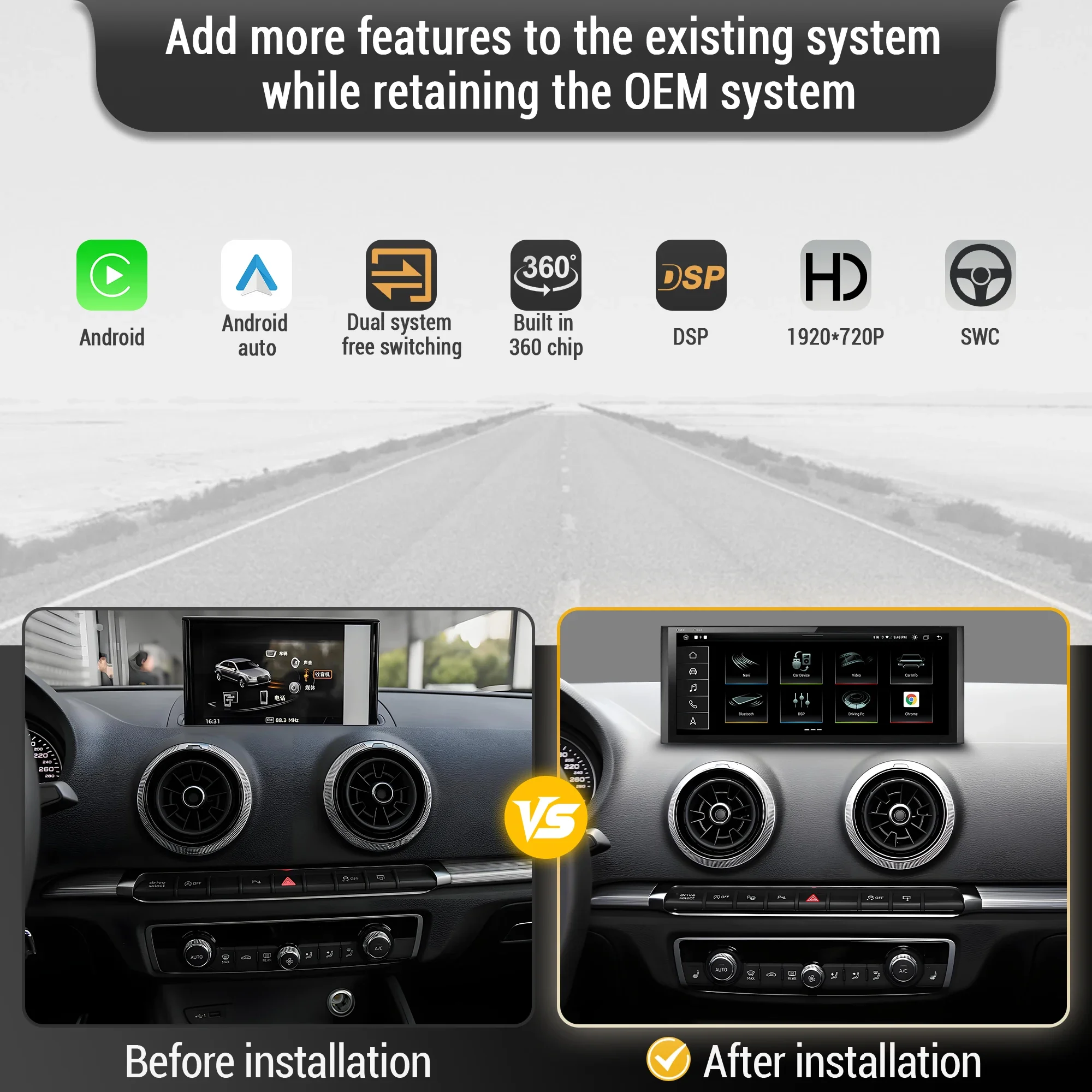 12.3 inch For Audi A3 2013-2018  Android 13 Car Radio Wireless Bluetooth Carplay Qualcomm Snapdragon 680 System Head Unit Screen