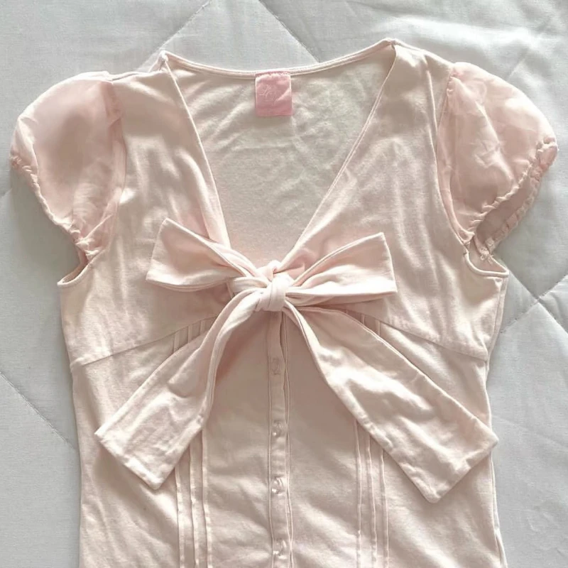 

2000s Vintage French Slim Pink Tops Women Summer Design Short Sleeve Sweet T-shirt Korea Chic Bow Patchwork Casual T-shirt Y2k