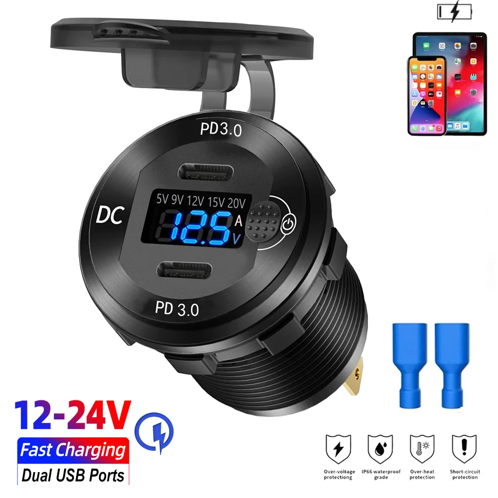 

USB Car Charger Socket Waterproof Dual PD Power Outlet with Display Voltmeter Voltage for 12V/24V Car Boat Marine Truck