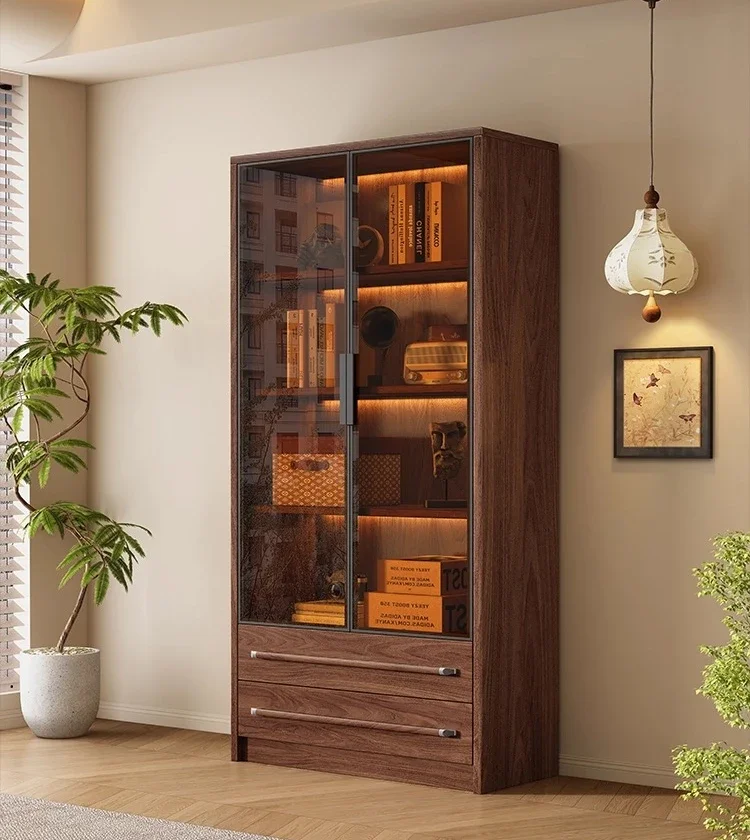 Solid wood wine cabinet with induction light, study room, living room, display cabinet against the wall