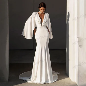 Vestidos de casamento simples bainha de cetim sereia mangas alargadas profundo decote em v vestidos de noiva até o chão vestidos de novia personalizado