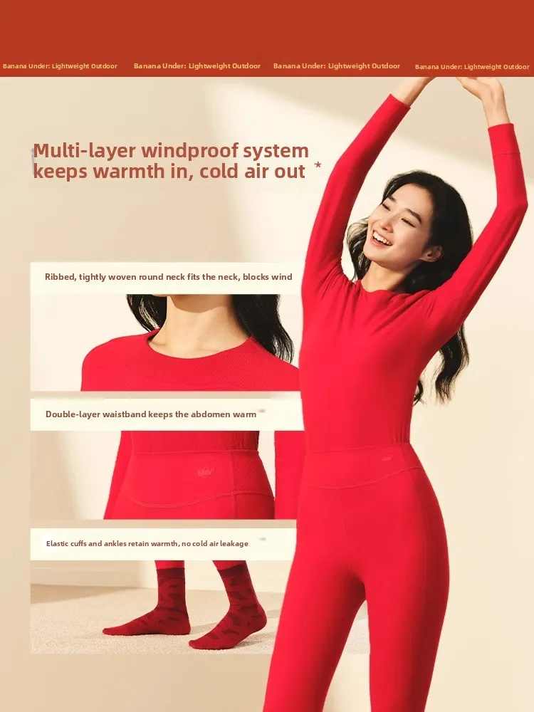 

Красный комплект термобелья для свадьбы и новогодних подарков: мужские и женские пижамы с длинным рукавом, круглым вырезом, однослойные, для пар.