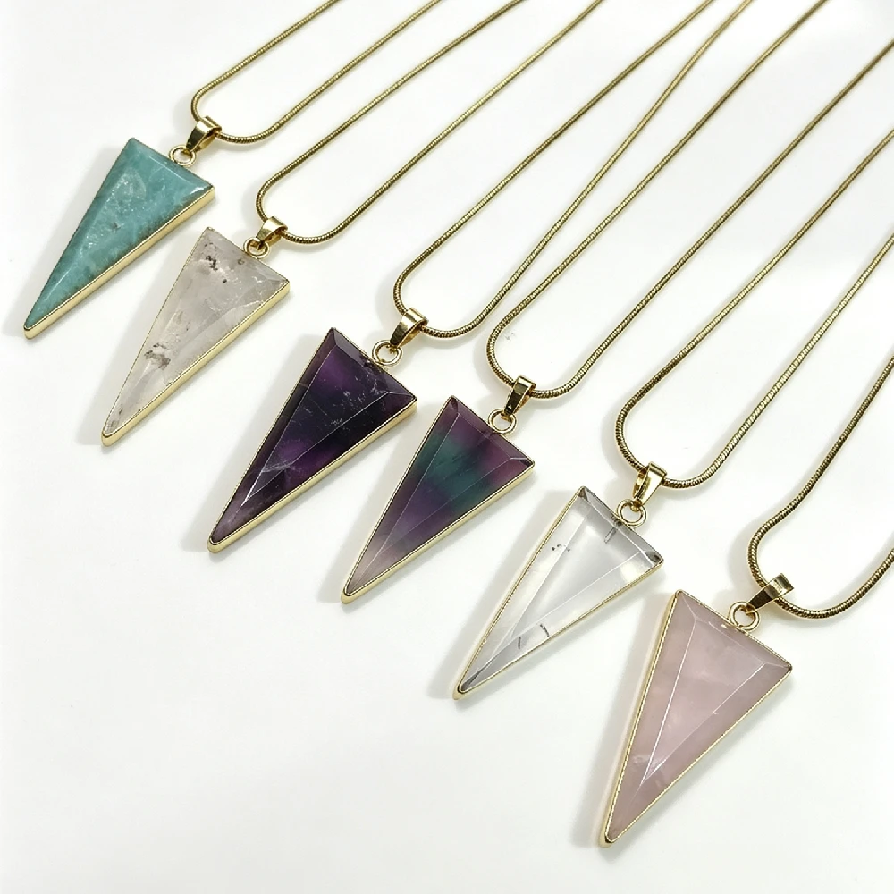 1PC Natural Gemstone Triangle Pendant Necklace Multi-color Healing Crystal Women Fashion Jewelry Gold Plated N2C430