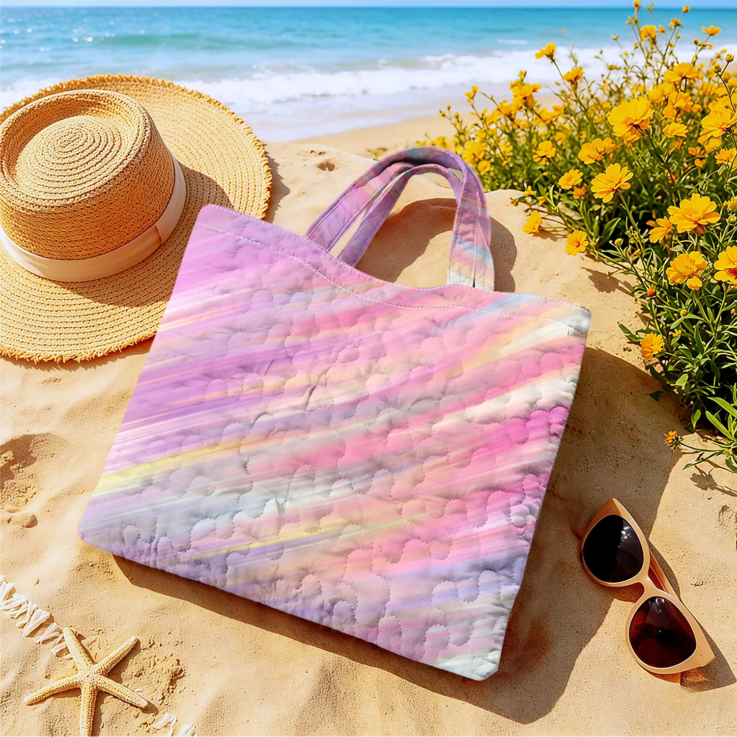 Holographic Streak Large Capacity Canvas Shoulder Bag Dual Side Print Tote Bag Daily Shopping Bag Fashion Gift Handbag