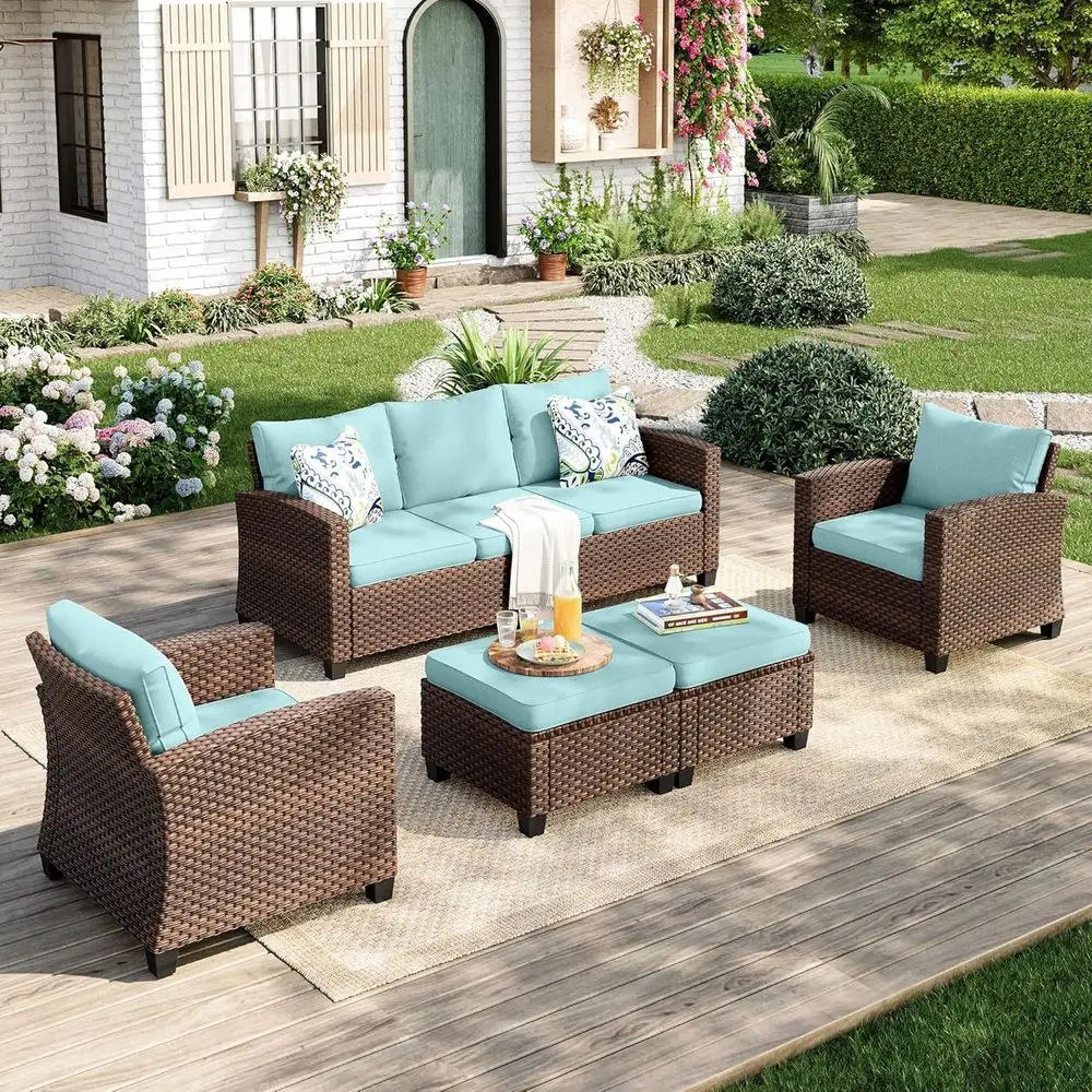 

5-Piece Outdoor Wicker Rattan Patio Furniture Set with Cushions, Blue