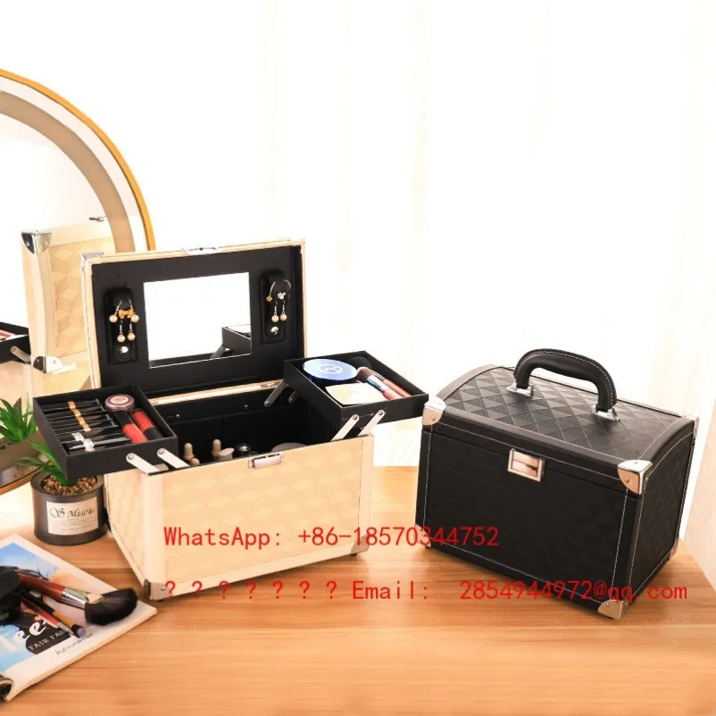 Cosmetic Bag New Portable Large Capacity Cosmetic Case with Mirror Hand-held Embroidered Cosmetics Storage Box