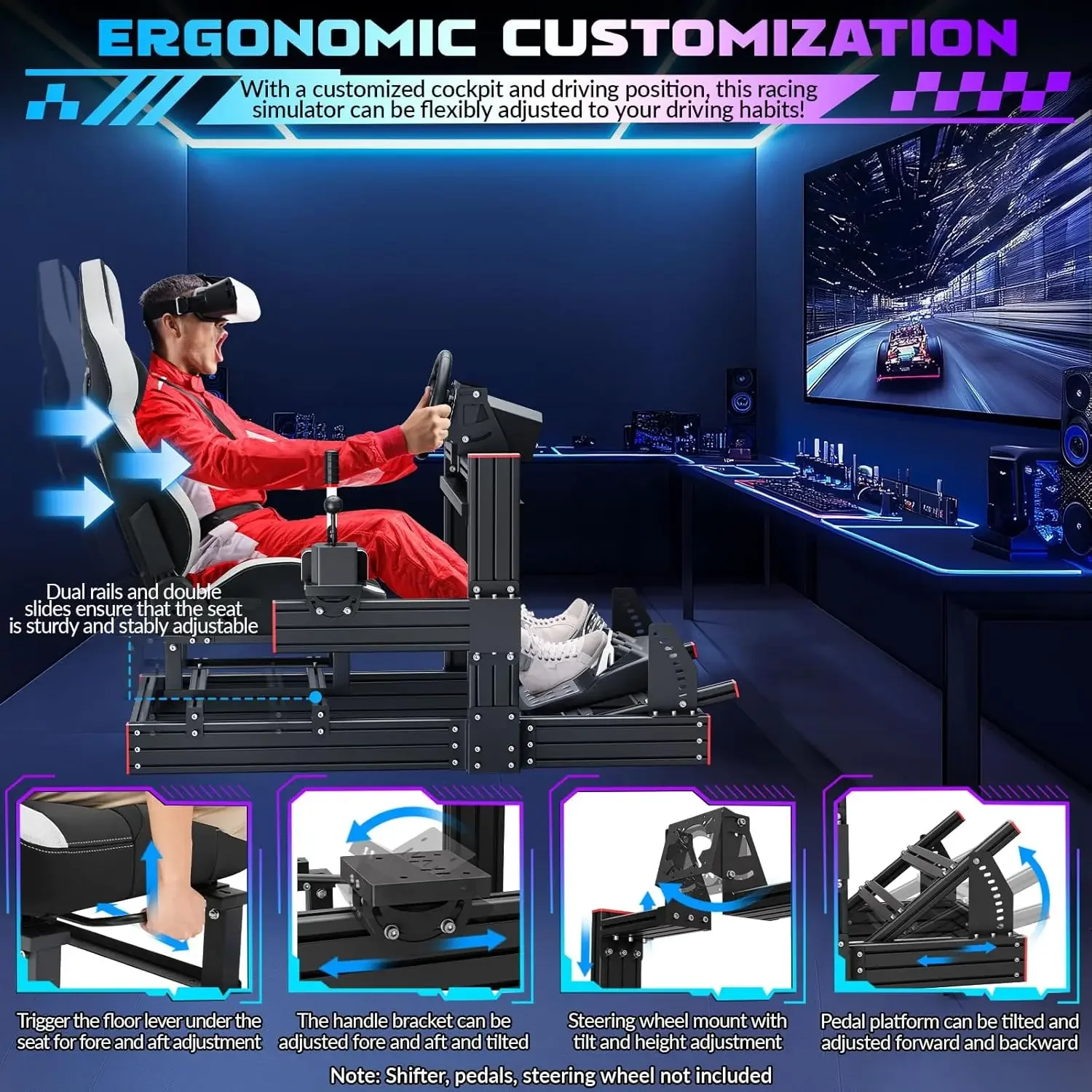 Racing Simulator Cockpit: Elite Series Rennsitz, verstellbare Radhalterung, passend für Logitech/Fanatec (keine Rad/Pedale/Shifter)