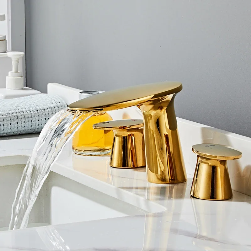 HighQuality Three-hole Basin Faucet Hot and Cold Double Handle Adjustment Bathroom Cabinet Faucet Waterfall All Copper Onsale