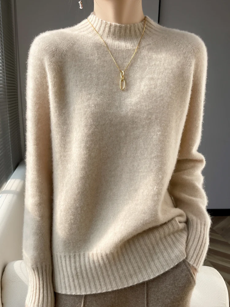 

Women's Cashmere Mock Neck Sweater Pullovers Thick Autumn Winter 100% Merino Wool Knitwear Raglan Sleeve Solid Basic Casual Tops