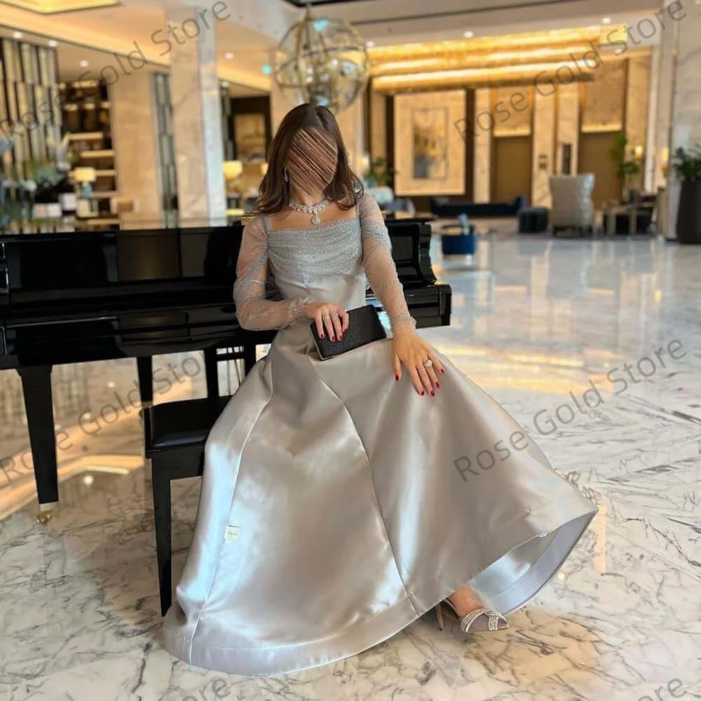 여성용 그레이 클래식 이브닝 드레스, A라인 칼라 프롬 가운, 긴 소매 맞춤형 플로어 기장 스테인 파티 드레스