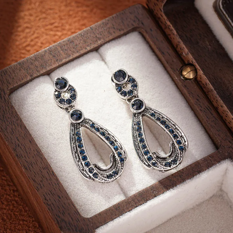 Vintage Antique Silver Color Blue Zircon Stone Dangle Drop Earring Women Retro Party Ethnic Style Accessories Female Earrings