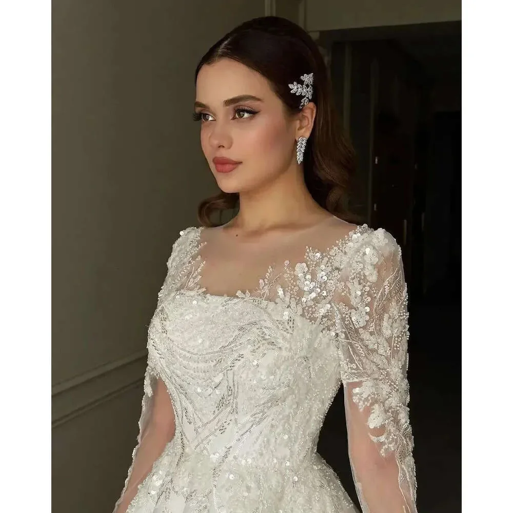 Luxury Long Bridal Dress Sleeves A Line Fashion Lace Sequin Applique Customized Zipper Plus Size Beach Garden Wedding Dress 2025