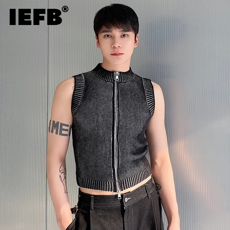 

IEFB Male Knit Vest Casual Stand Collar Zipper Solid Color Elasticity Men Knitting Sleeveless Top 2024 spring New Stylish 9C4960