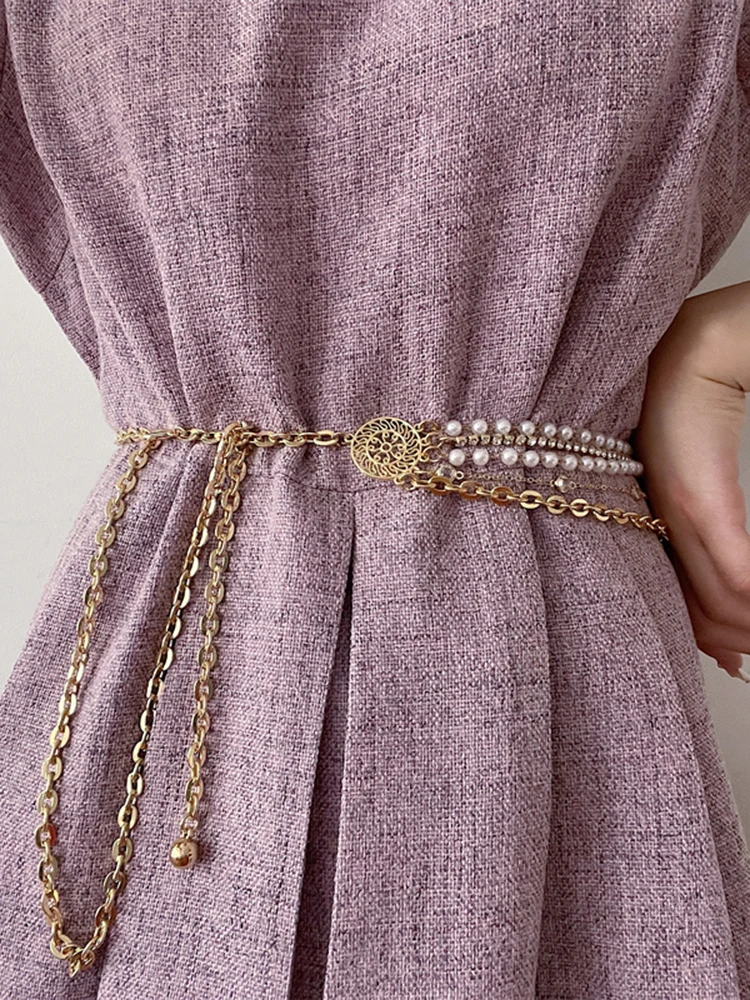 [LANMREM] Gold Metal Pearl Waist Chain Accessory Long Belt Personality Women New Fashion Tide All-match Spring Autumn 2025