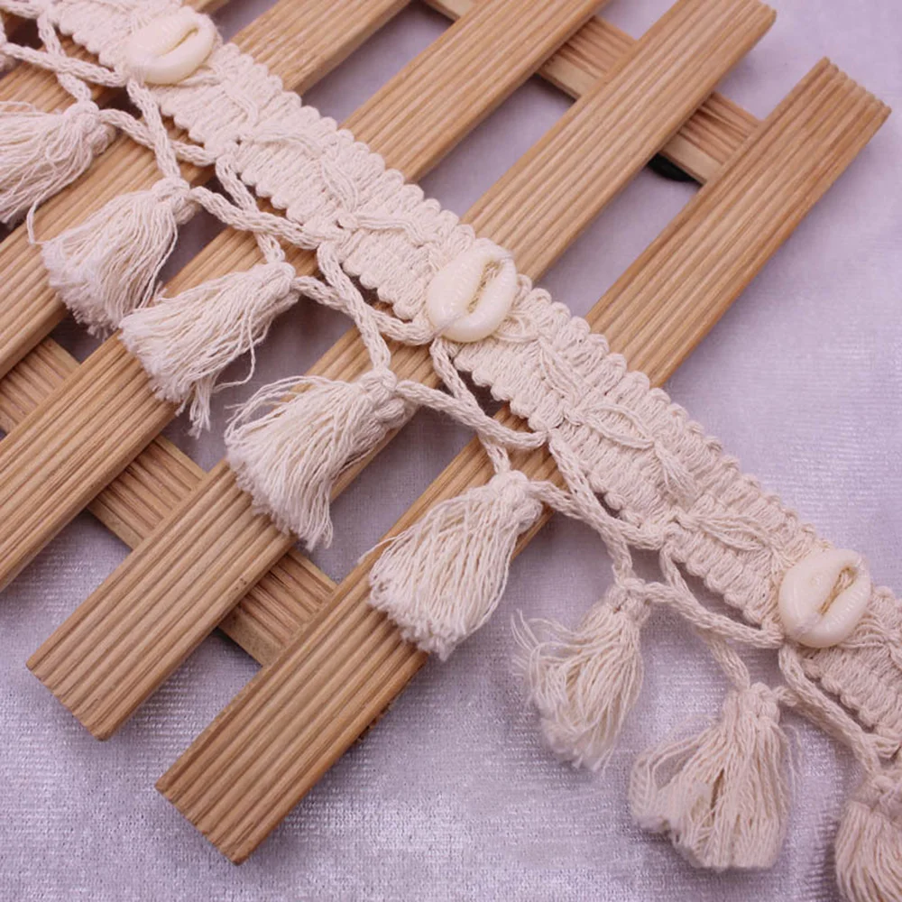 1 Yard Cotton Tassel Lace DIY Bohemian Beige Lace With Shell Fabric Clothing Accessories For National Clothes Hat Bags Scarf