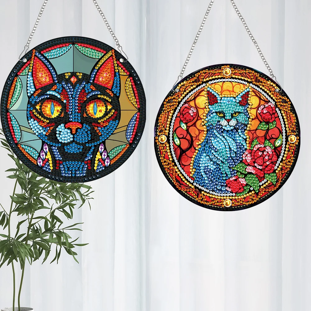 

2pcs Cat Theme 2D Flat DIY Diamond Art Pendant Wall Decor for Home & Windows