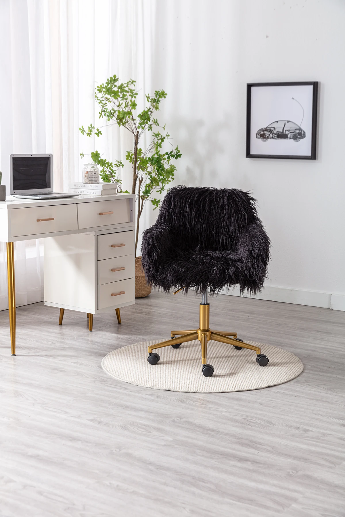 Black Comfortable Stylish Accent Armchair with Padded Seat Modern Faux fur home office chair fluffy chair girls  make up vanity