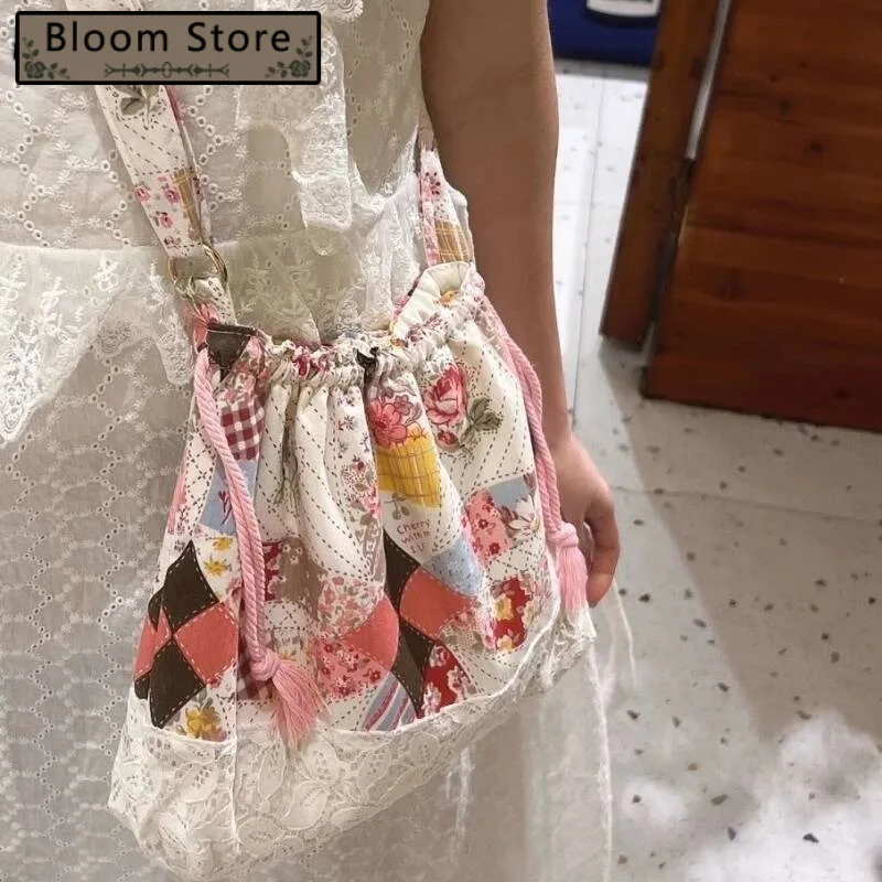 Fashion Patchwork Kawaii Handbags Sweet Flower Print All Match Ins Shoulder Bag Y2k Aesthetic Drawstring Haruku Crossbody Bags