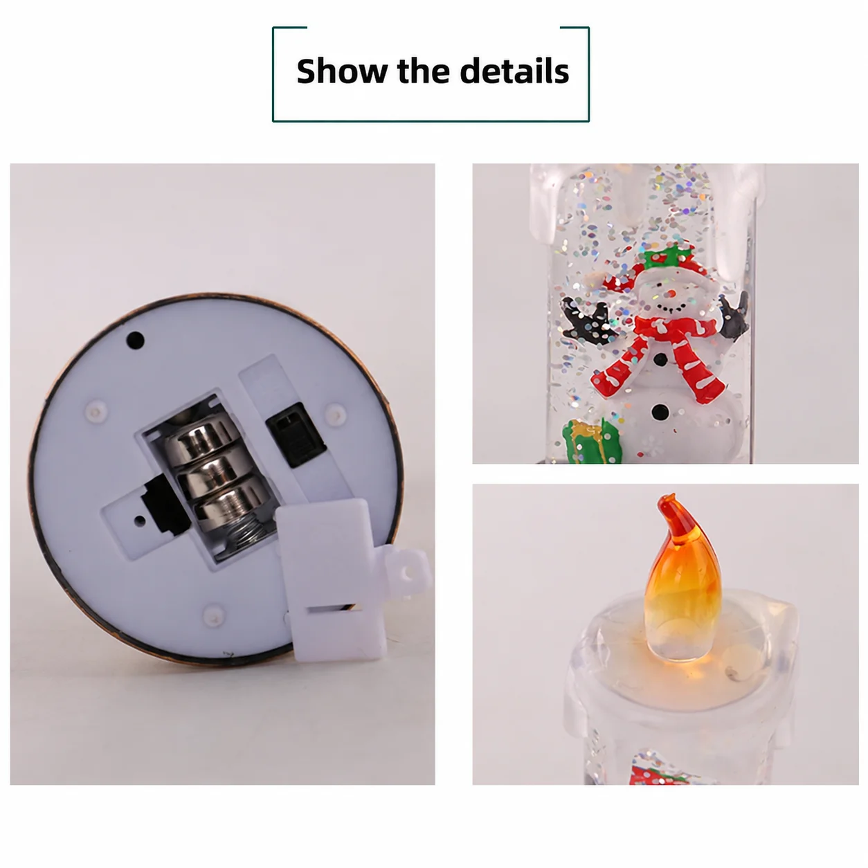 Led Lighted Christmas Candle Lighted Electronic Candle Snow Globe Plastic Christmas Decor Compact Xmas Tabletop Ornament