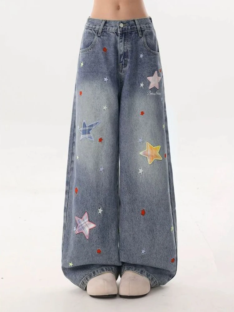 Vintage Sweet Stars Jeans Women High Waist Casual Cute Preppy Style Denim Pant Fall Loose American Harajuku Pockets Trousers New
