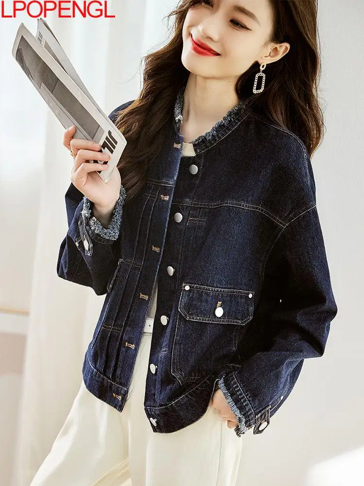 Women Autumn Short Denim Jacket 2023 Deep Blue Retro Rough Edge Casual Long Sleeved Single Breasted Streetwear Wide-waisted Top