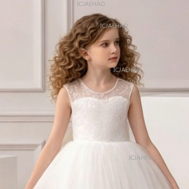 Children Girls Sleeveless Dinner Host Evening Gown Flower Girl Wedding Tutu Costume Long Princess Gown Performance Kids Birthday