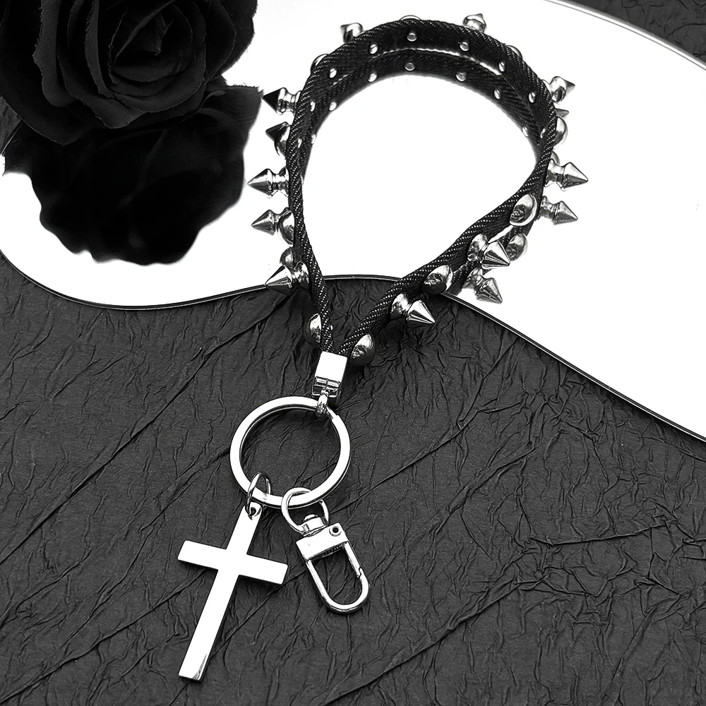Neue Niet Leder Seil Kreuz Schlüsselbund Goth Kreative Punk Tasche Hängen Seil Geschenk Trendy Charme Christentum Schlüsselanhänger Schmuck – Detail 8