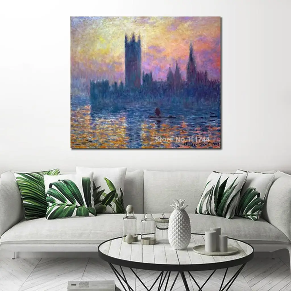 

Cityscape Canvas Art Impressionist Parliament Sunset Claude Monet Painting Landscape Hand Painted Artwork Wall Decor Large