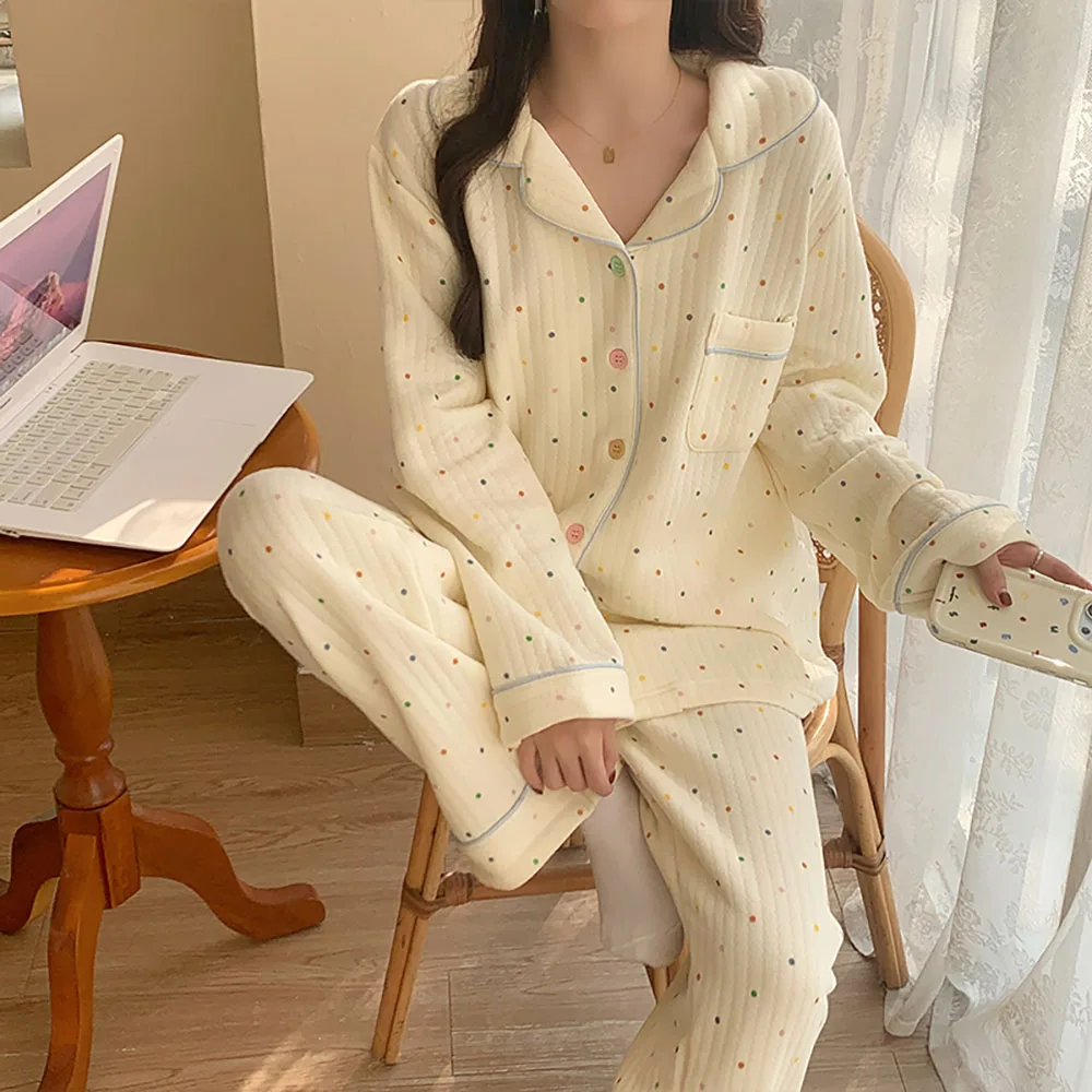 Cotton Pajama For Women's Fall Winter Thicken Warm Lapel Long Sleeve Cardigan Top+Elastic-waist Pants 2Pcs Ladies Home Wear Set